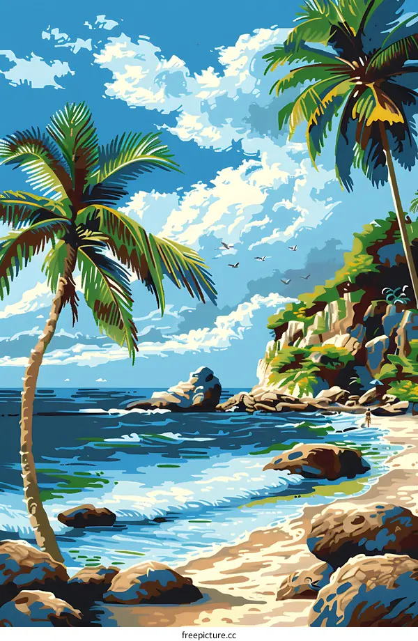 Palm Trees and Ocean Beach Tropical Landscape Illustration