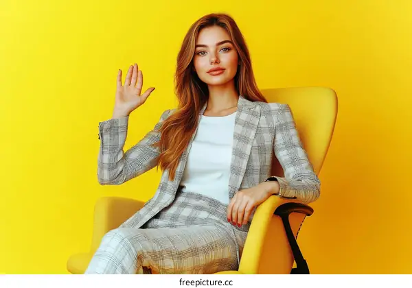 Business Woman in Plaid Suit on Yellow Background