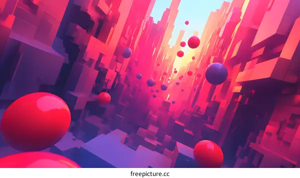 Abstract Red and Blue Spheres in a Digital Cityscape
