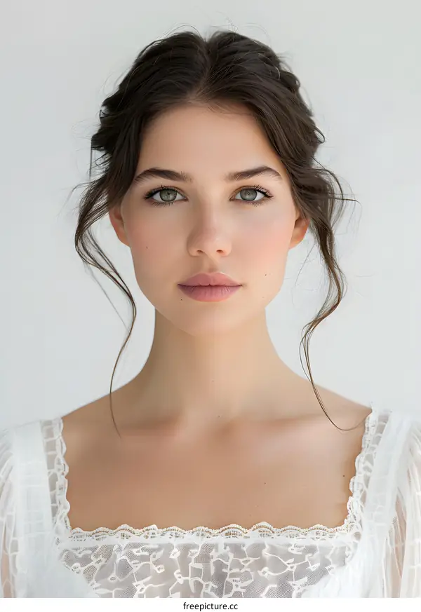 Beautiful Woman With Green Eyes Wearing White Lace Top