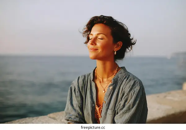 Woman enjoying peaceful moment by the sea