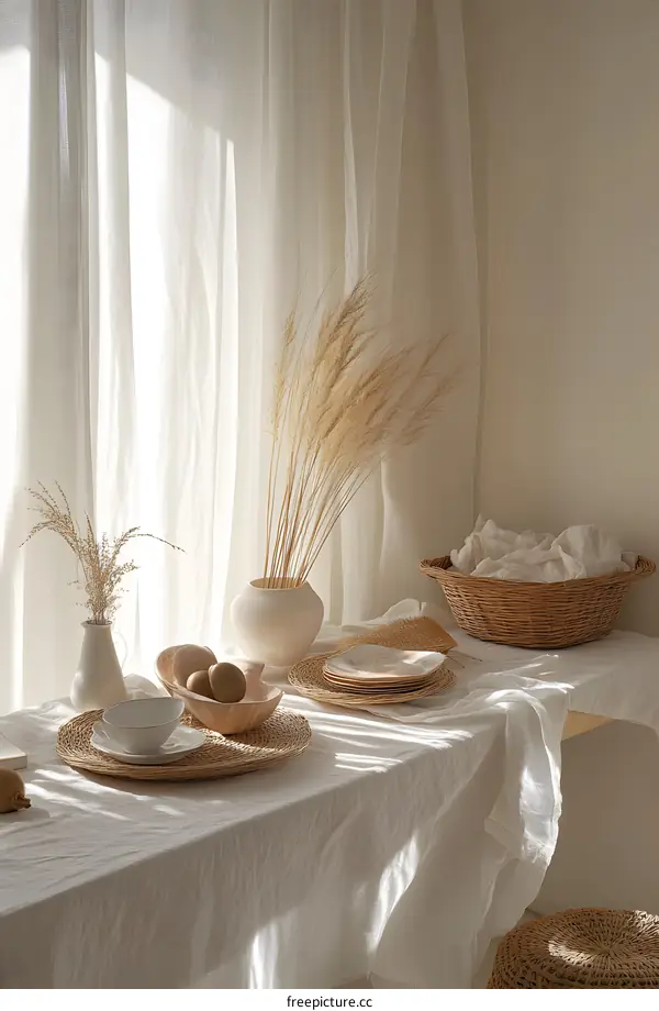Minimalist Home Decor with White Tablecloth, Dried Flowers and Wicker Baskets