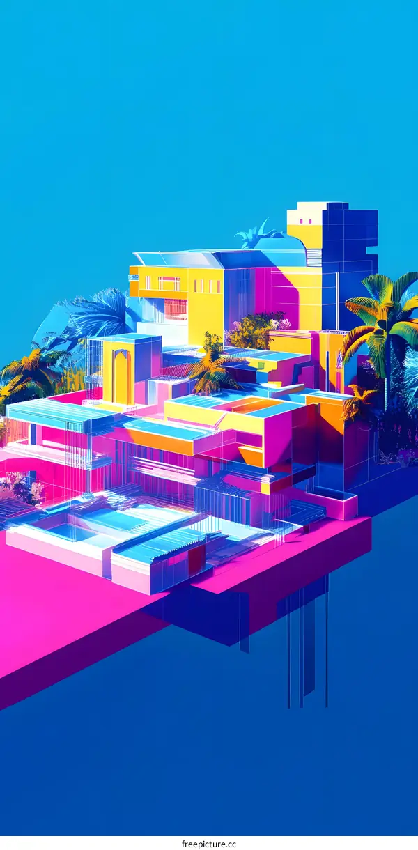 Abstract Geometric Building with Palm Trees and Pool