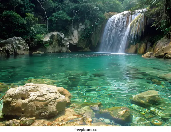 Tropical Waterfall Pool with Clear Green Water