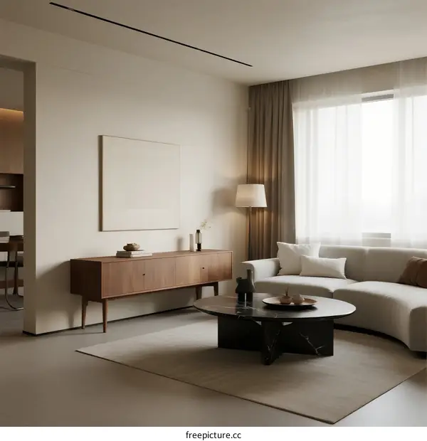 Modern Minimalist Living Room with Curved Sofa and Wooden Cabinet