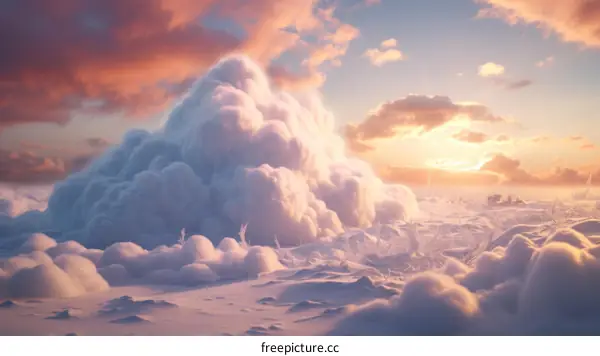 A beautiful winter landscape with a large snow cloud in the foreground and a sunset in the background