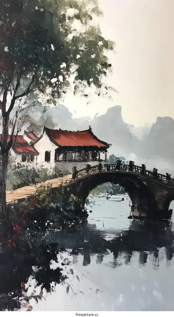 Chinese Landscape Painting of a Bridge and Houses