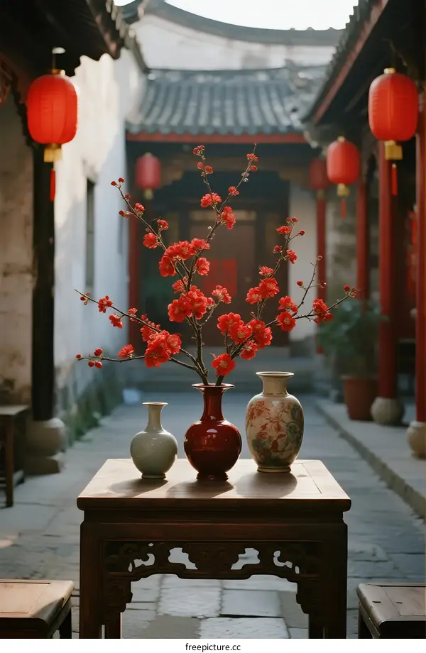 Red Plum Blossoms in Traditional Chinese Courtyard with Decorative Vases