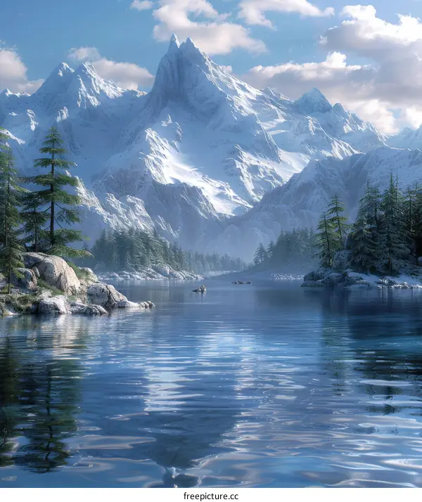 Tranquil Mountain Lake with Snow-Capped Peaks and a Boat
