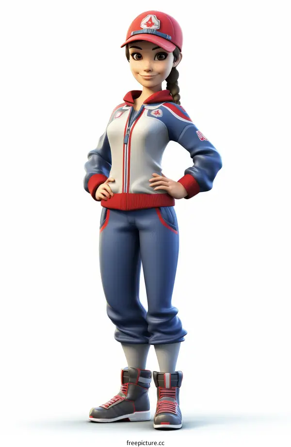 A female athlete wearing a red cap and blue and white tracksuit