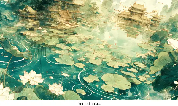 An illustration of a Chinese garden with a pond, lotus flowers, and pavilions