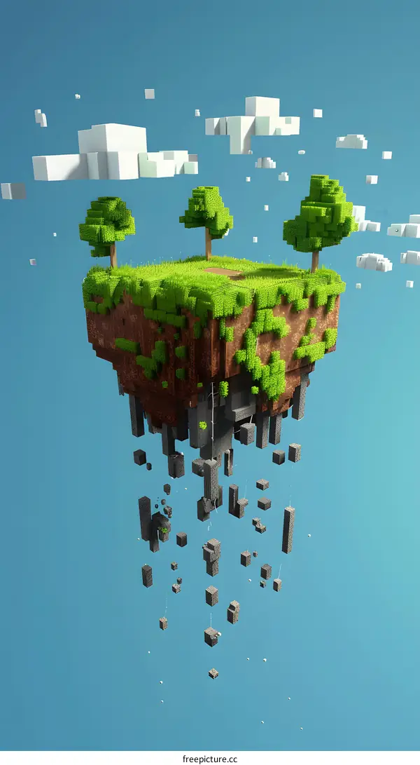 Floating Island with Pixelated Trees and Clouds