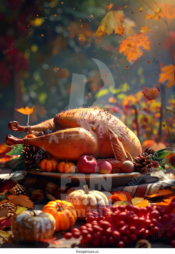 Thanksgiving dinner with roasted turkey, pumpkins, and autumn leaves