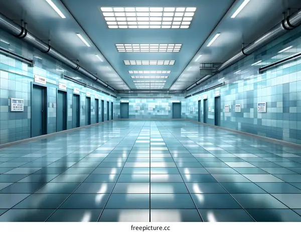 Empty Hospital Corridor With Blue Tiles