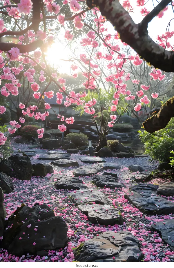 Stone Pathway Through Blooming Cherry Blossom Trees