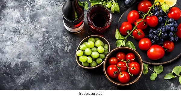 Fresh Red and Green Grapes Wine and Tomatoes on Grey Background