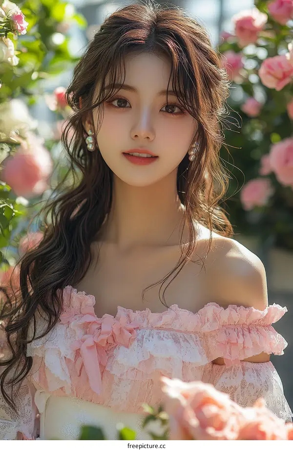 Beautiful Asian Woman in a Delicate Pink Dress Amidst Roses