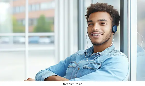 Young Black Man Relaxing by Window with Headphones