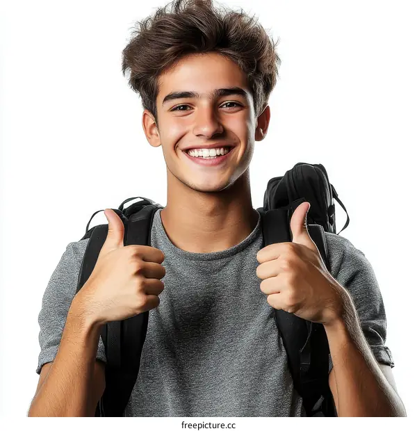 Smiling Teenager with Backpack Showing Thumbs Up