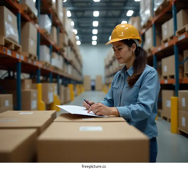Asian Woman Warehouse Worker Checks Inventory