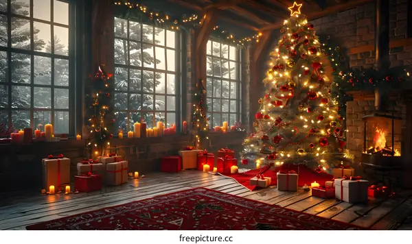 Christmas tree by the fireplace