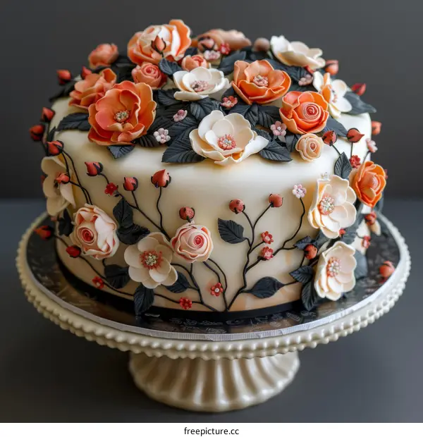Illustration of a Delightful Cake Adorned with Orange and White Flowers