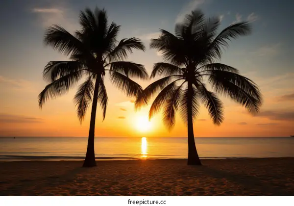 Palm trees on a tropical beach during sunset