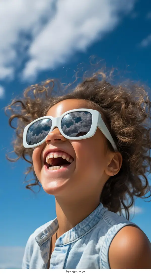 Little happy girl with curly hair and sunglasses looking up at the sky and laughing
