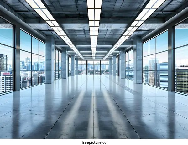Empty Office Space With Windows Overlooking City Skyline