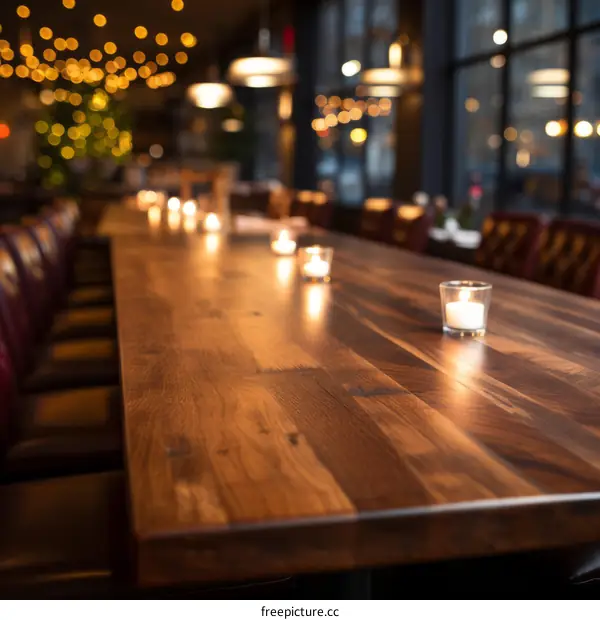 Long wooden table in a restaurant with candles on it