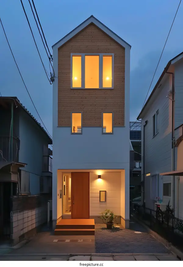 Modern Narrow House With Wooden Facade And Large Windows