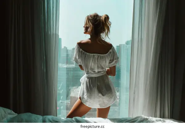 Woman by Window City View  Morning Light