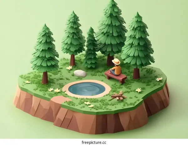 Low Poly 3D Illustration of a Man Relaxing by a Small Lake in a Forest