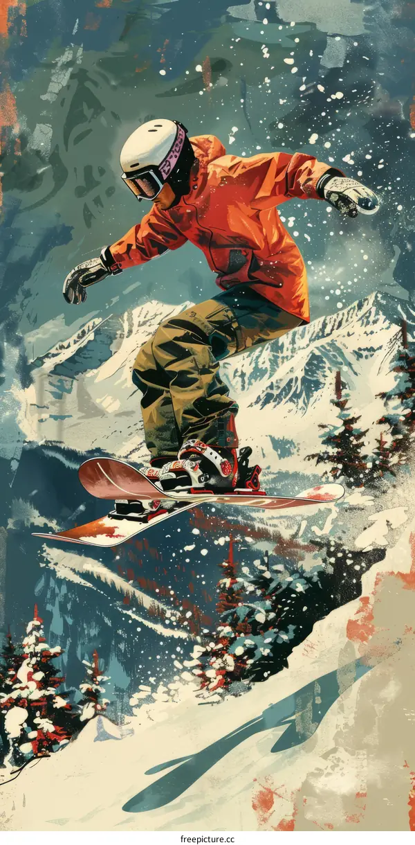 Snowboarder Executes a Jump Over Snowy Mountainscape
