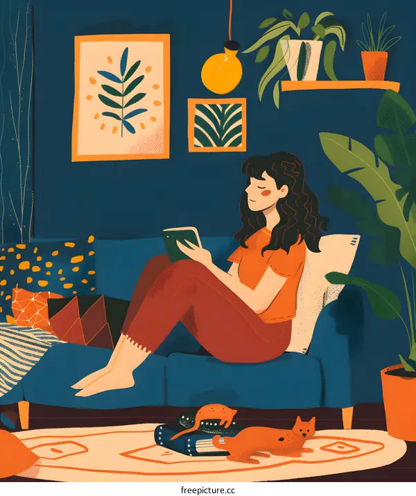 Woman Relaxing on Sofa With Cats and Plants