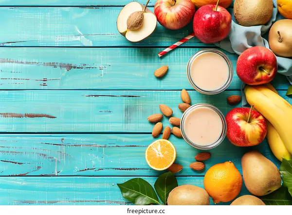 Fresh Fruit Smoothie with Almond Milk on a Blue Wooden Background