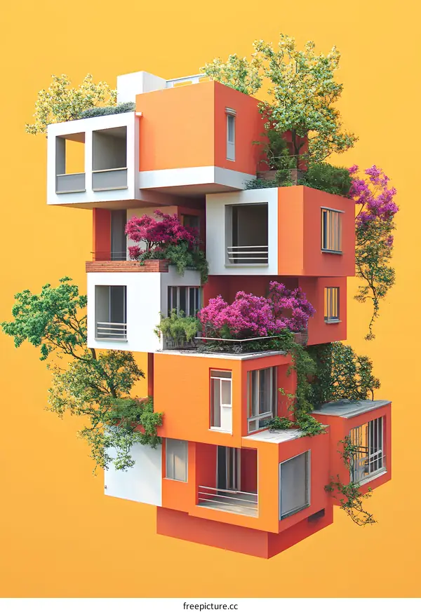 Abstract Illustration of Modern Architecture Building with Green Plants