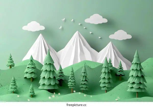 Papercraft Mountain Landscape with Green Trees and White Clouds