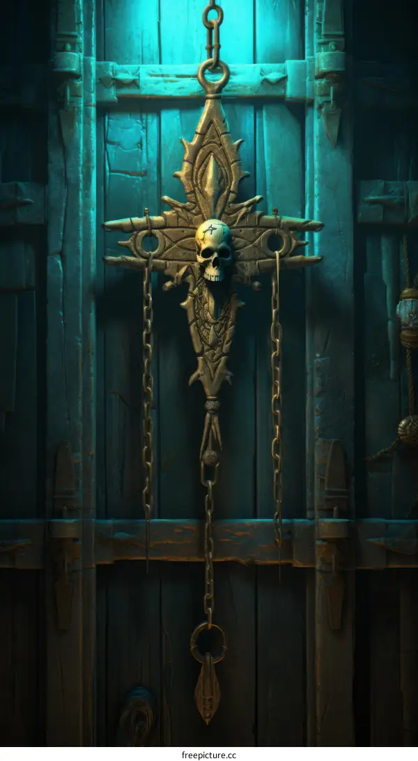 A skull-shaped amulet hangs on a wooden door with chains.