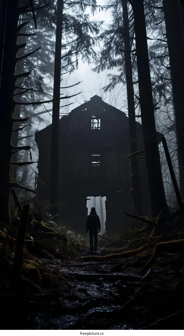 A person walking towards a dark house in the woods