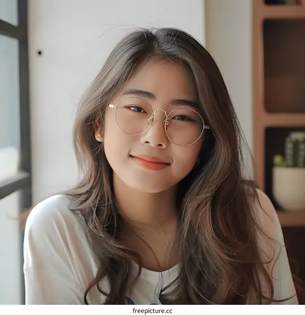 Young Asian Woman with Glasses Smiling