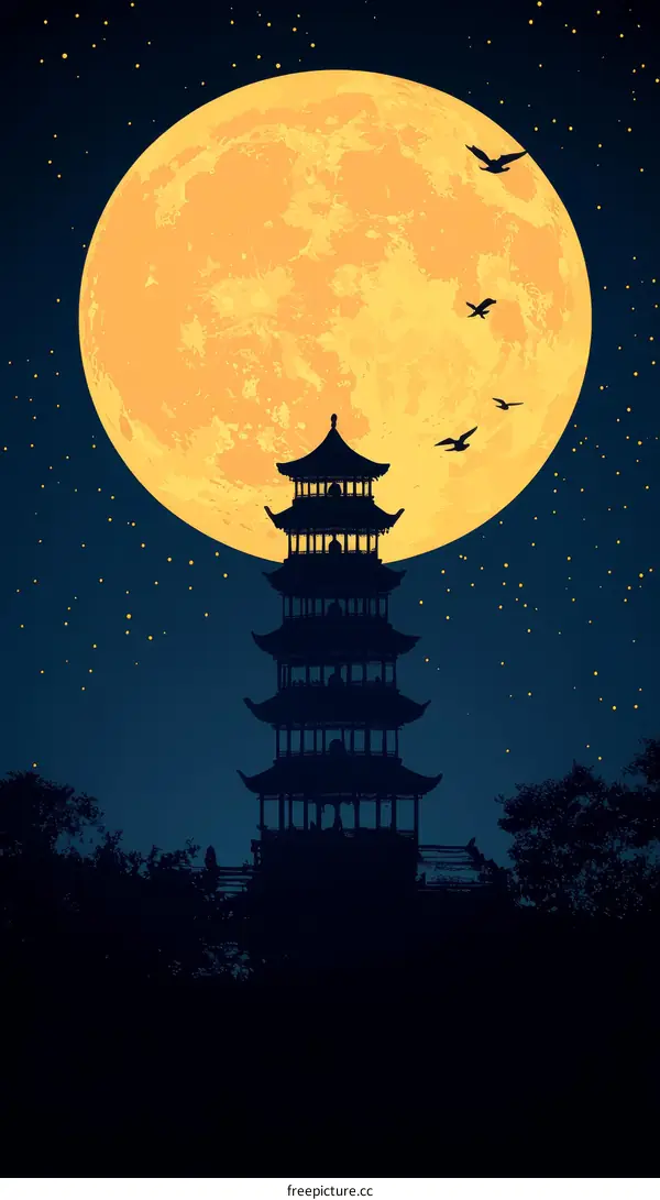 Silhouette of Chinese Pagoda Under a Full Moon
