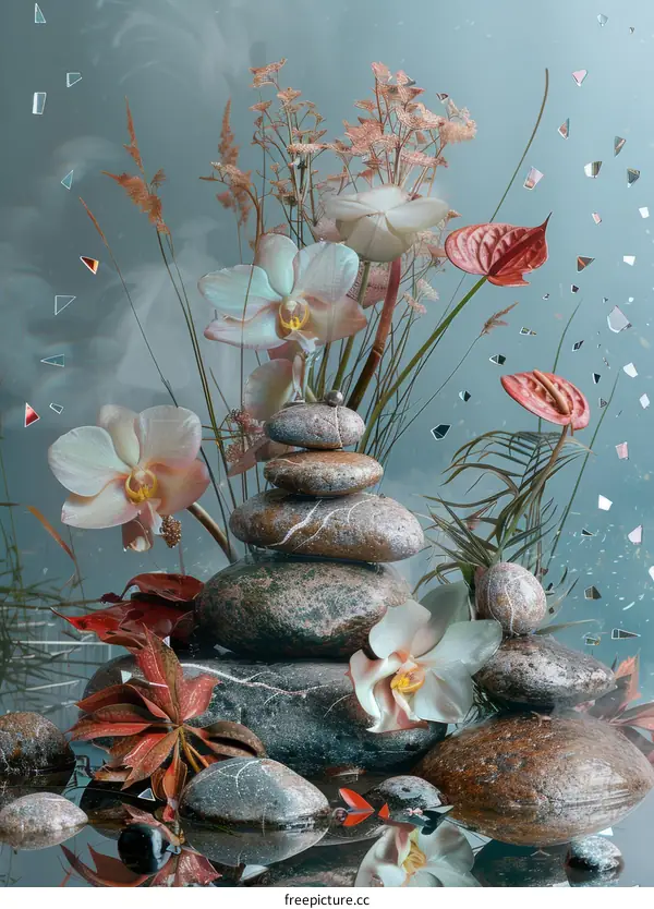 Still Life with Stones, Orchids, and Anthurium