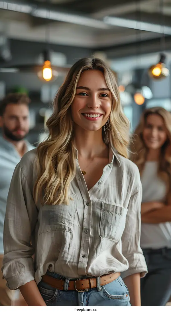portrait of a young blonde woman smiling in a casual outfit with blurred background