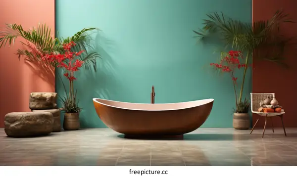 Greenery-Surrounded Freestanding Copper Bathtub