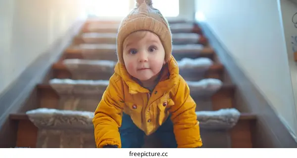 Baby in yellow jacket crawling up the stairs