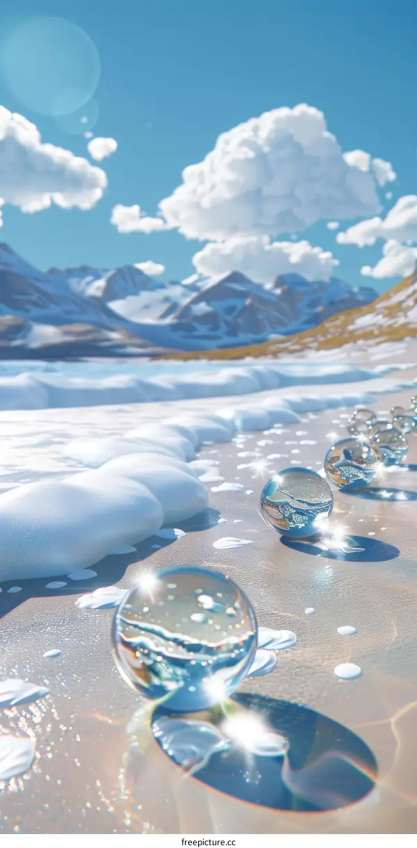 Glass balls on the beach with snow capped mountains in the distance