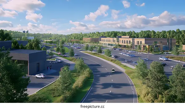 Aerial View of Modern Commercial Development with Parking Lot