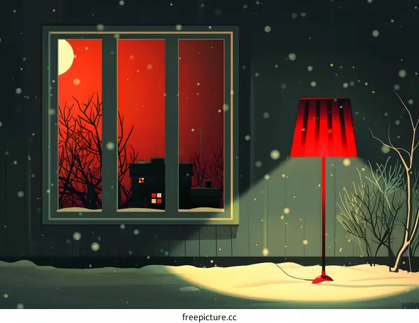 Red Lamp Light on Snowy Night