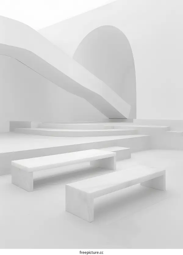 Minimalist White Interior Design with Marble Benches and Curved Wall